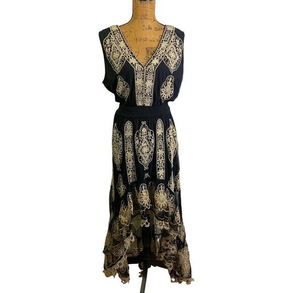 BOSTON PROPER Dress NWT‎ XLarge V-Neckline Smocked High Low Metallic Lace Inset - Picture 4 of 16